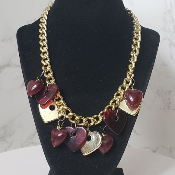 Valentine's Day Goldtone Large Link Necklace with Resin Hearts - Picture 1 of 5